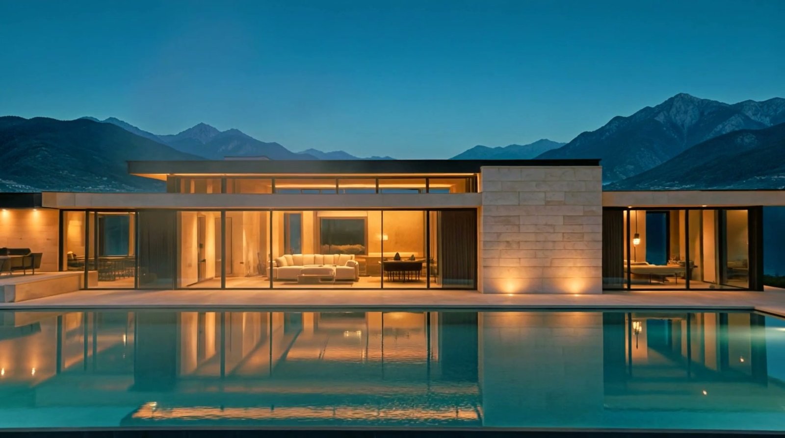 Beleuchtete Villa am See in der blauen Stunde, gespiegelt im Pool