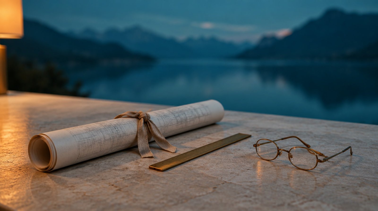 Zusammengerollter Plan, Messingmaßstab und Lesebrille auf einem Kalksteintisch